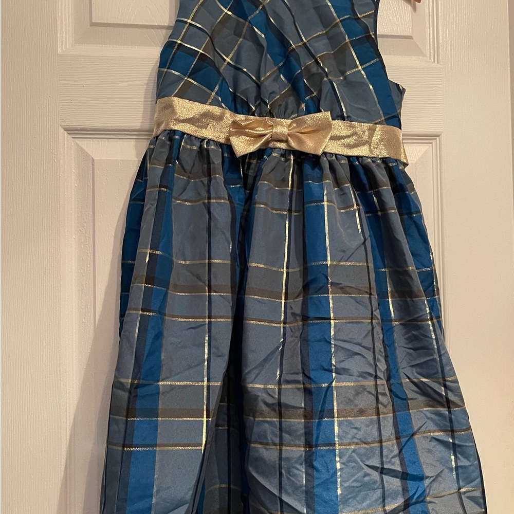 Ashley Ann Elegant Blue and Gold Checkered Dress